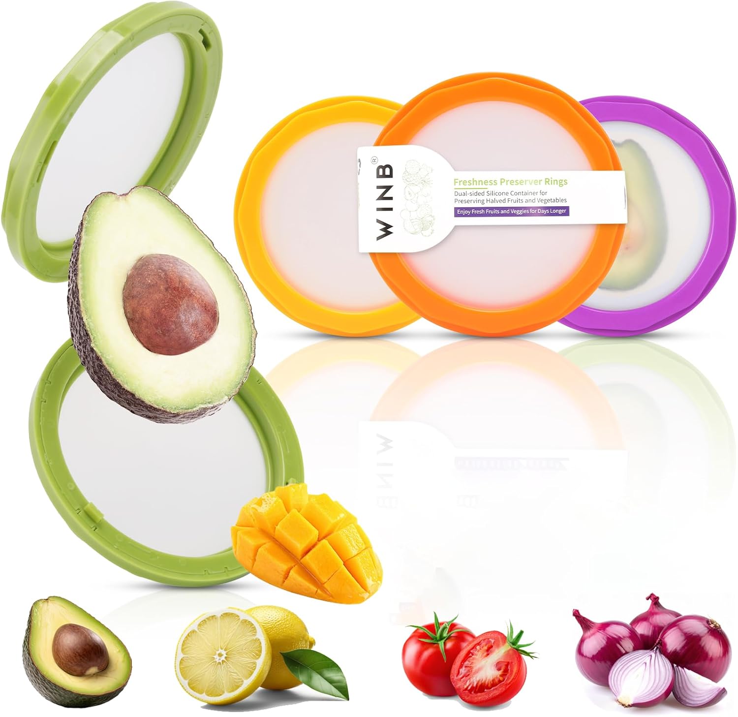 Winb Set of 4 Reusable Fruit and Veggie Savers - Ideal for Avocados, Tomatoes, Apples, Garlic, Onions, and More Quick Pick Grocers